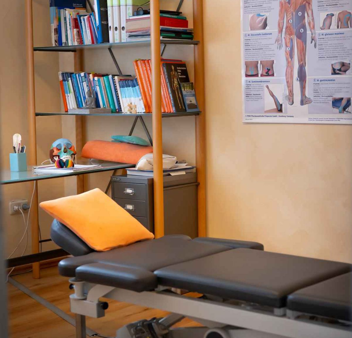 Liege  mit Regal und Büchern im Hintergrund